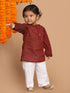 Sishu Boy's' Maroon Cotton Kurta And White Pyjama Set