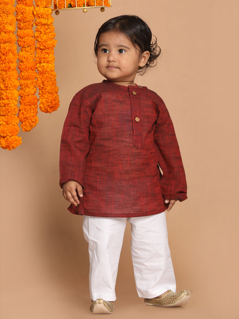 Sishu Boy's' Maroon Cotton Kurta And White Pyjama Set