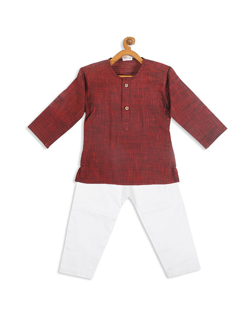 Sishu Boy's' Maroon Cotton Kurta And White Pyjama Set