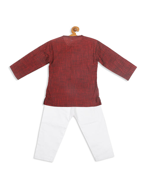 Sishu Boy's' Maroon Cotton Kurta And White Pyjama Set