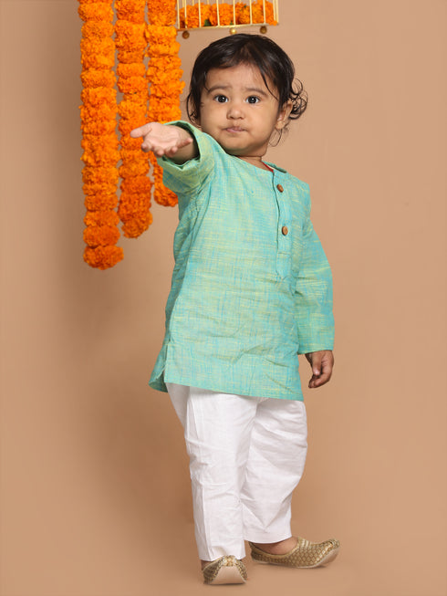 Boy's Parrot Green Cotton Kurta And White Pyjama Set