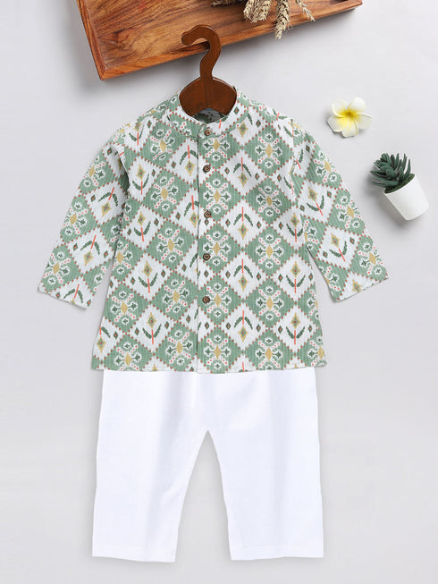 Sishu Boy's Green And White Printed Cotton Kurta Pyjama Set