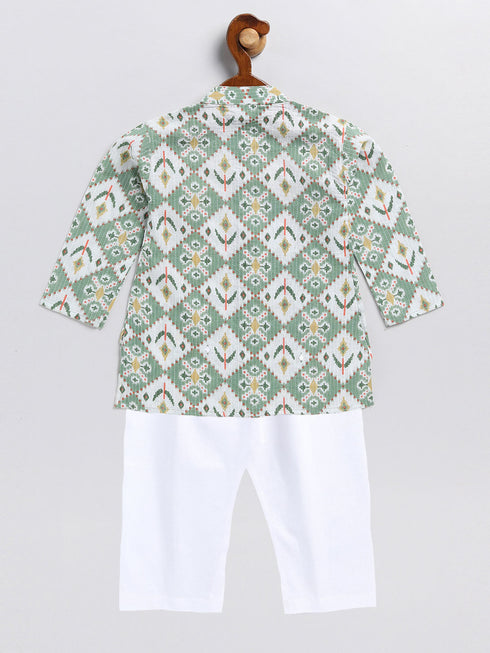Sishu Boy's Green And White Printed Cotton Kurta Pyjama Set