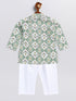 Sishu Boy's Green And White Printed Cotton Kurta Pyjama Set