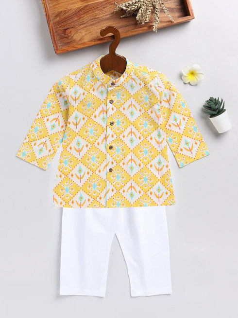 Sishu Boy's Yellow And White Printed Cotton Kurta Pyjama Set