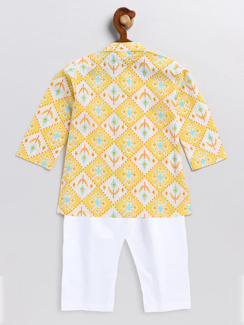 Sishu Boy's Yellow And White Printed Cotton Kurta Pyjama Set