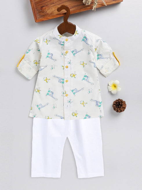 Sishu Boy's White Printed Cotton Kurta Pyjama Set