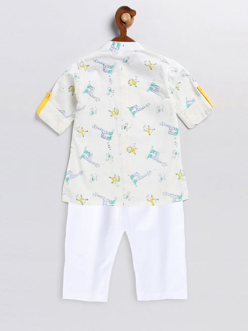 Sishu Boy's White Printed Cotton Kurta Pyjama Set