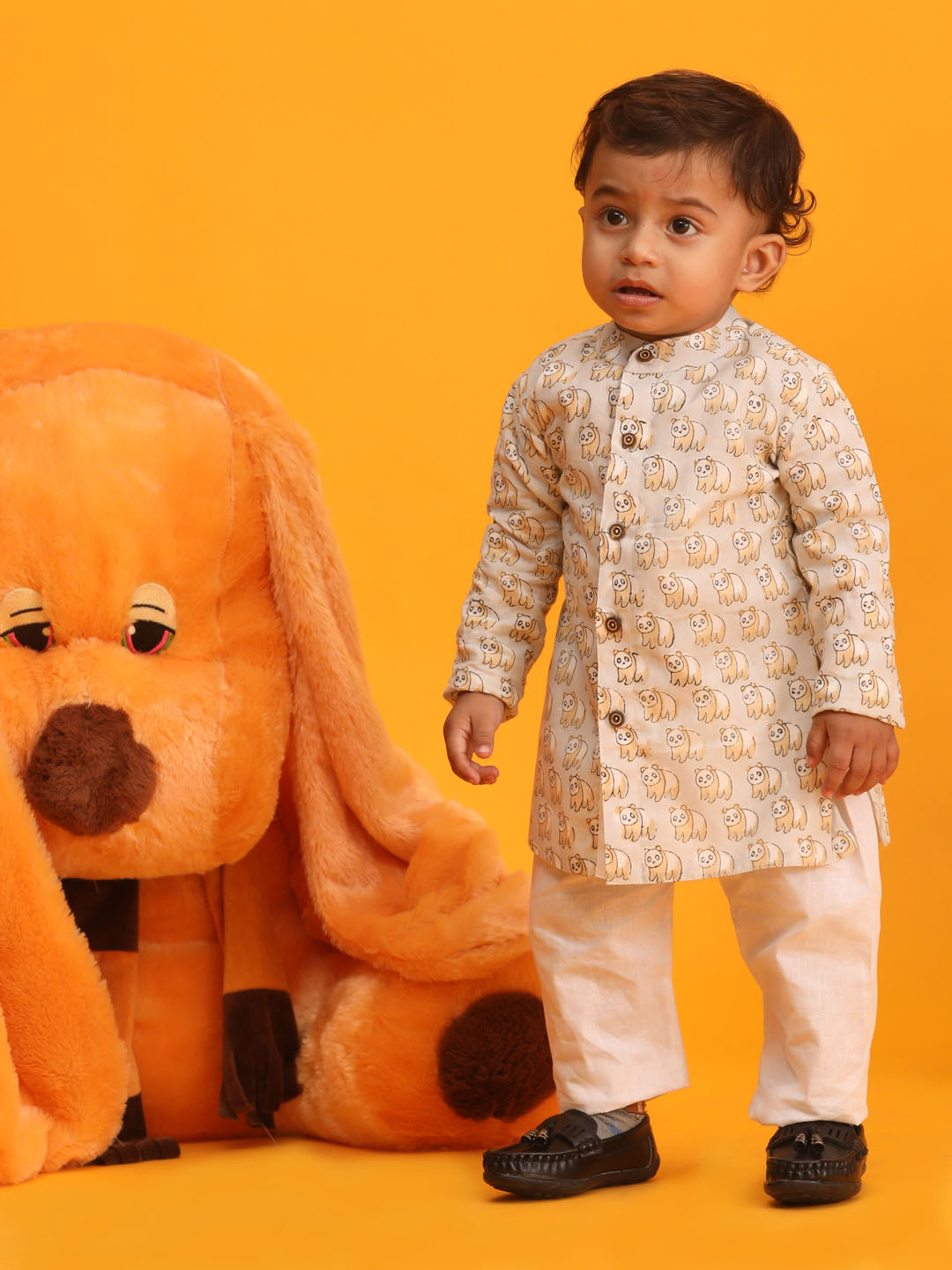 Sishu Boy's Beige Panda Printed Cotton Kurta Pyjama Set
