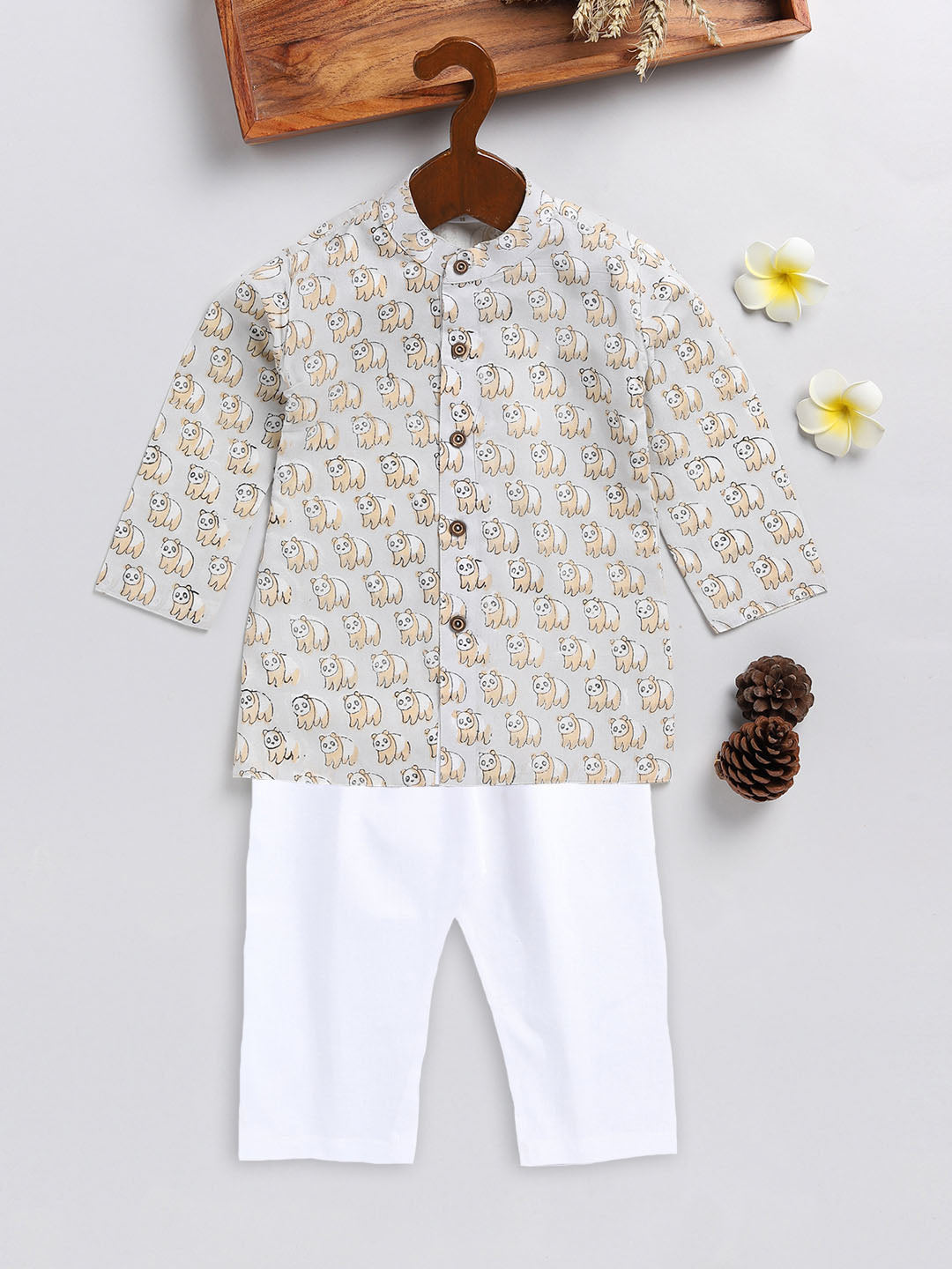 Sishu Boy's Beige Panda Printed Cotton Kurta Pyjama Set