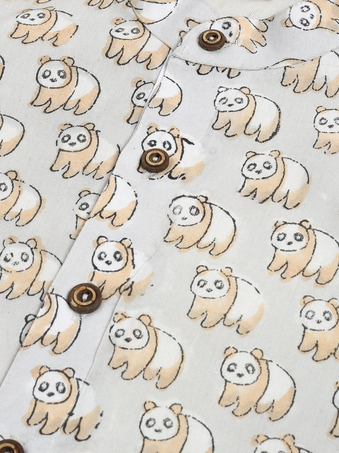 Sishu Boy's Beige Panda Printed Cotton Kurta Pyjama Set