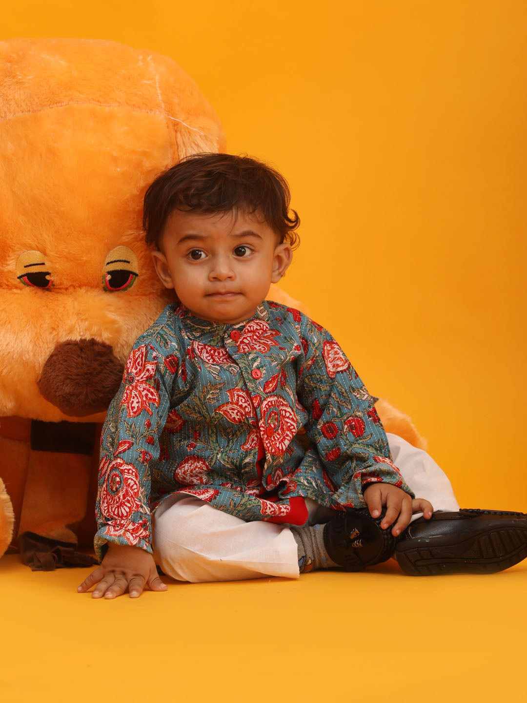 Sishu Boy's Green Kalamkari Floral Printed Cotton Kurta Pyjama Set