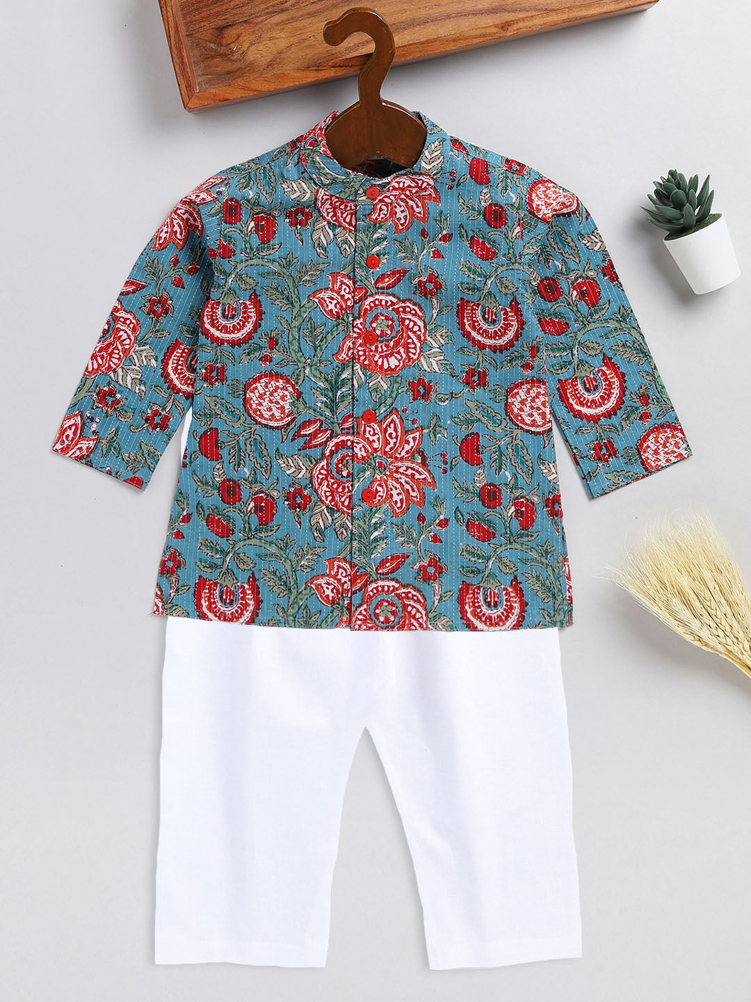 Sishu Boy's Green Kalamkari Floral Printed Cotton Kurta Pyjama Set