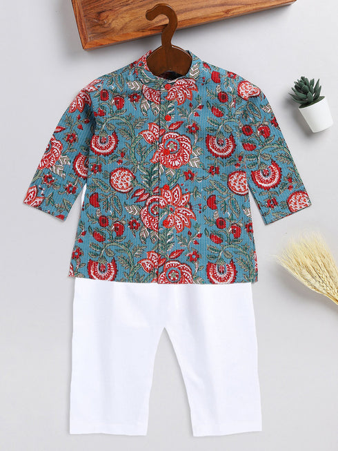 Sishu Boy's Green Kalamkari Floral Printed Cotton Kurta Pyjama Set