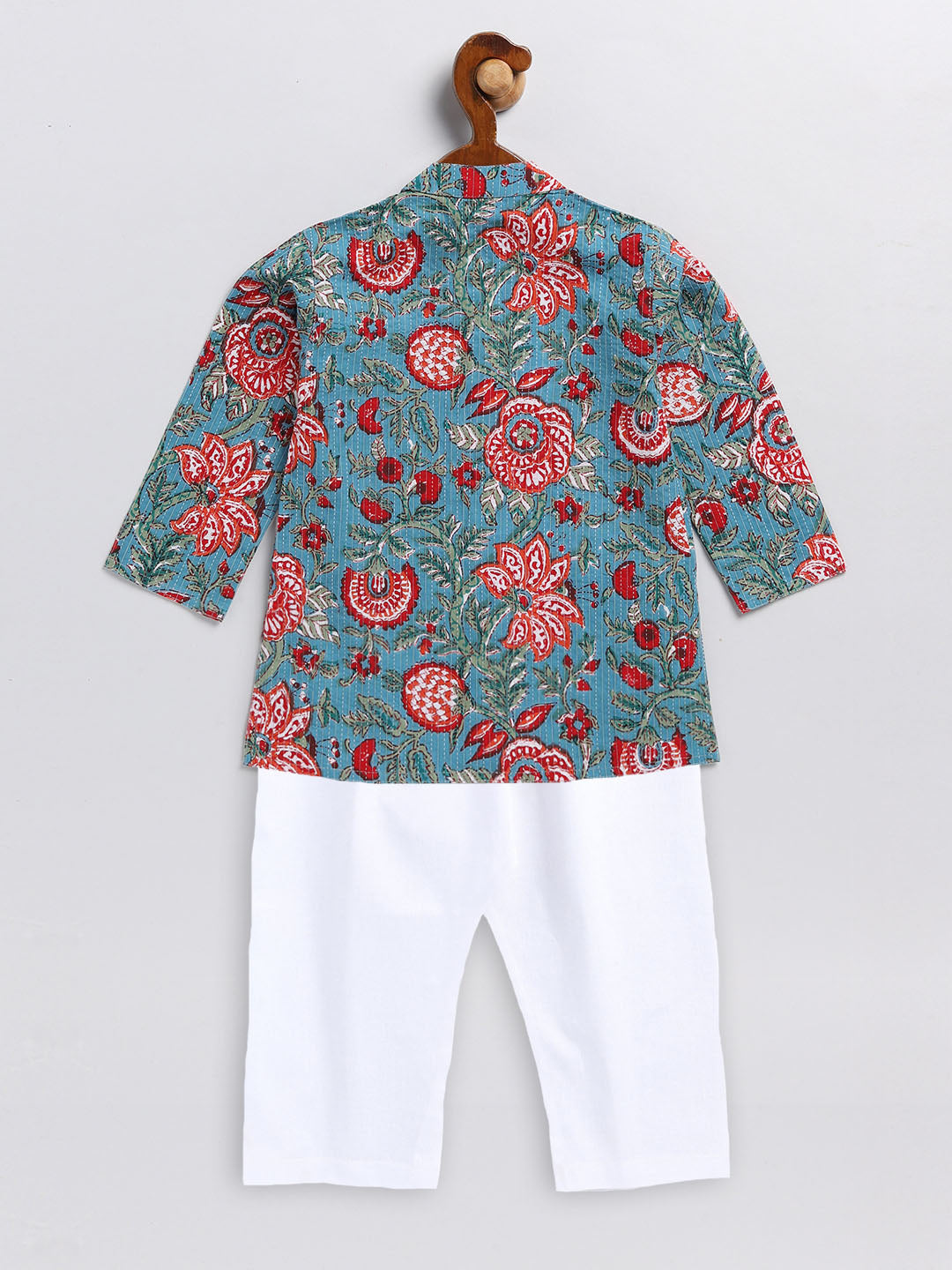 Sishu Boy's Green Kalamkari Floral Printed Cotton Kurta Pyjama Set