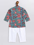 Sishu Boy's Green Kalamkari Floral Printed Cotton Kurta Pyjama Set