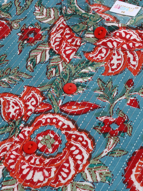 Sishu Boy's Green Kalamkari Floral Printed Cotton Kurta Pyjama Set