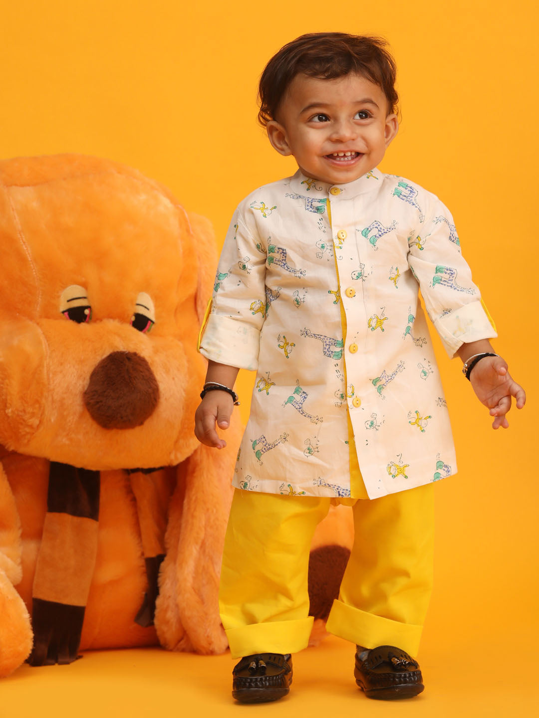 Boy's White And Yellow Animals Printed Cotton Kurta Pyjama Set