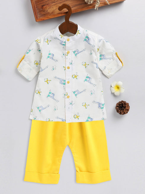 Boy's White And Yellow Animals Printed Cotton Kurta Pyjama Set