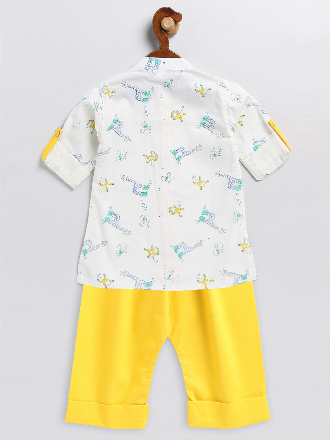 Boy's White And Yellow Animals Printed Cotton Kurta Pyjama Set