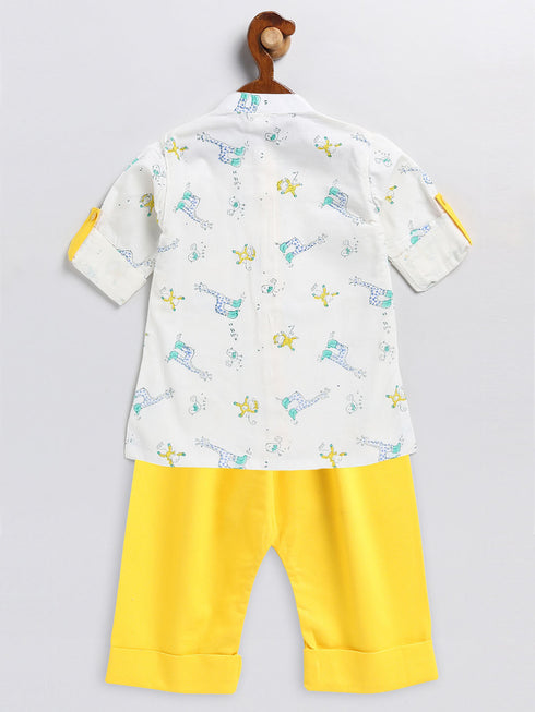 Boy's White And Yellow Animals Printed Cotton Kurta Pyjama Set