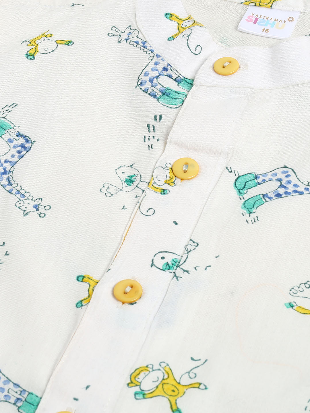 Boy's White And Yellow Animals Printed Cotton Kurta Pyjama Set