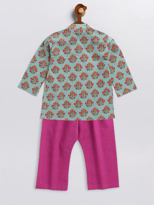 Sishu Boy's Green And Magenta Floral Printed Cotton Kurta Pyjama Set