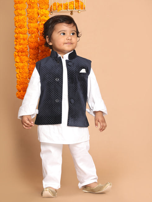 Sishu Boy's White Kurta Pyjama Set With Blue Dot Print Nehru Jacket