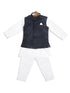 Sishu Boy's White Kurta Pyjama Set With Blue Dot Print Nehru Jacket
