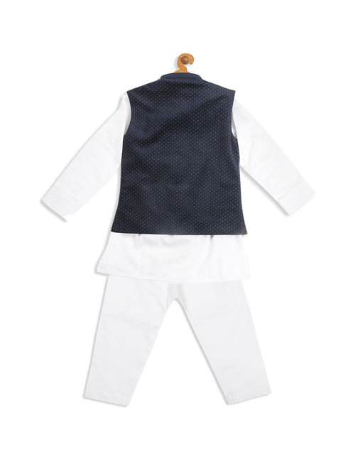 Sishu Boy's White Kurta Pyjama Set With Blue Dot Print Nehru Jacket
