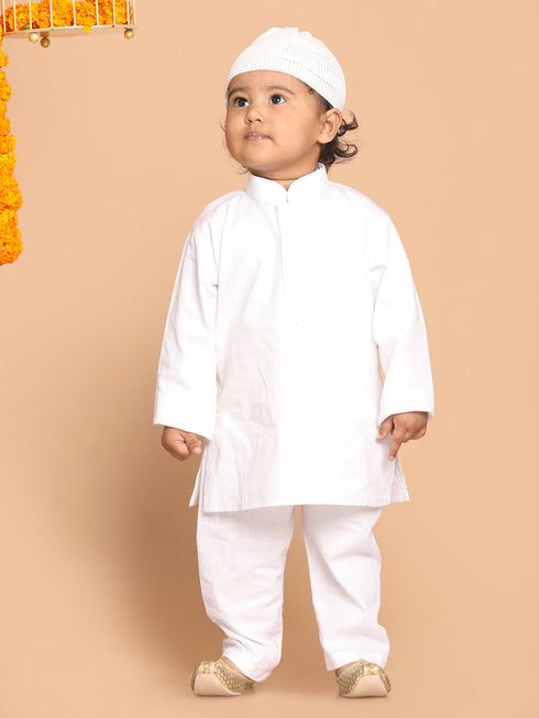 Boy's White Pure Cotton Kurta And Pyjama With Prayer Cap