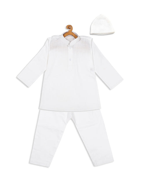 Boy's White Pure Cotton Kurta And Pyjama With Prayer Cap