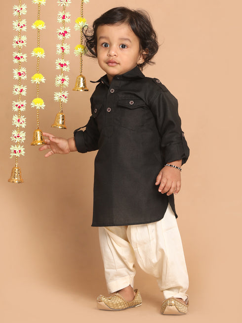 Boy's Black Pathani Kurta With Patiala Set