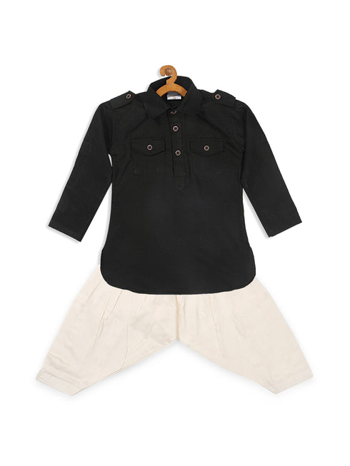 Boy's Black Pathani Kurta With Patiala Set