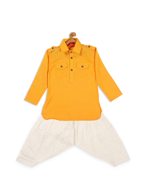 Boy's Yellow Pathani Shape Kurta With Cream Patiala Set