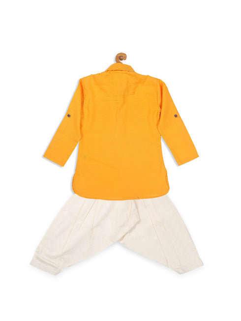 Boy's Yellow Pathani Shape Kurta With Cream Patiala Set