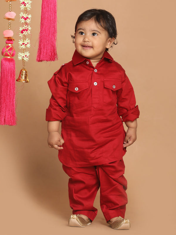 Sishu Boy's Maroon Pure Cotton Pathani Kurta With Pyjama Set