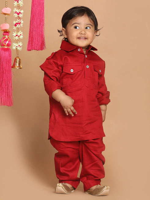 Sishu Boy's Maroon Pure Cotton Pathani Kurta With Pyjama Set