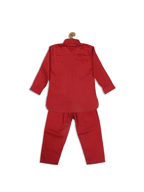 Sishu Boy's Maroon Pure Cotton Pathani Kurta With Pyjama Set
