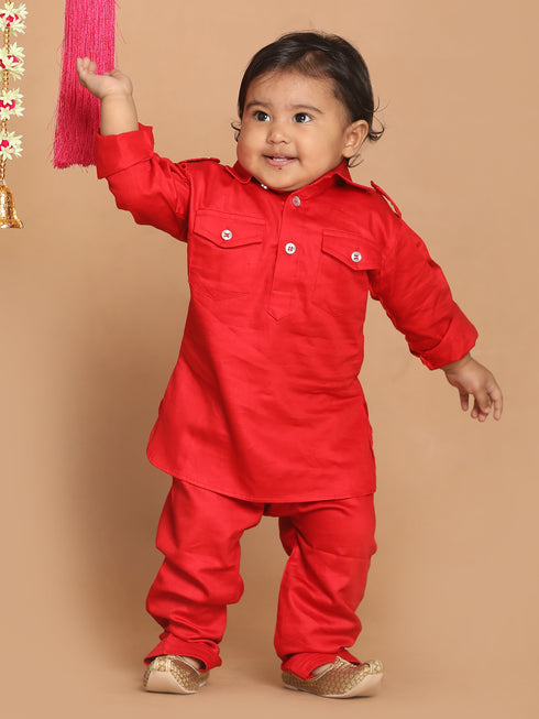 Sishu Boy's Red Pure Cotton Pathani Styl Kurta With Pyjama Set