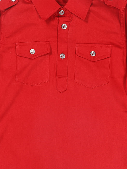 Sishu Boy's Red Pure Cotton Pathani Styl Kurta With Pyjama Set