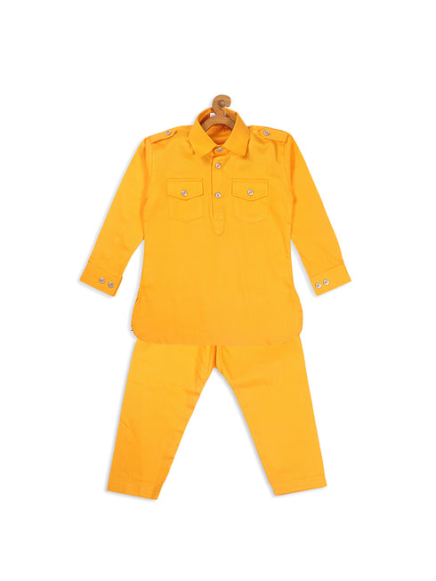 Sishu Boy's Yellow Pure Cotton Pathani Kurta With Pyjama Set