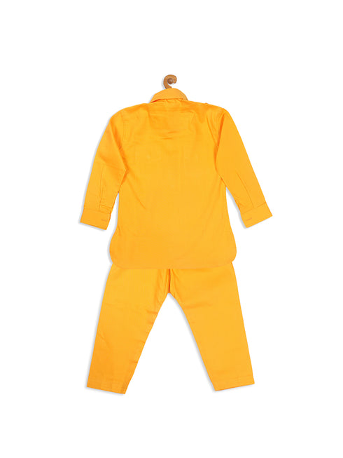 Sishu Boy's Yellow Pure Cotton Pathani Kurta With Pyjama Set