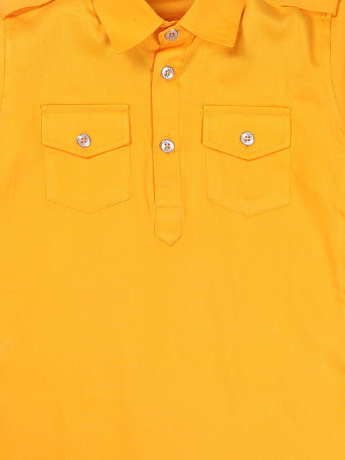 Sishu Boy's Yellow Pure Cotton Pathani Kurta With Pyjama Set