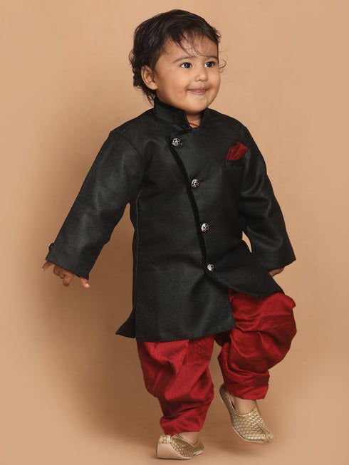 Sishu Boy's Black & Maroon Solid Sherwani Set