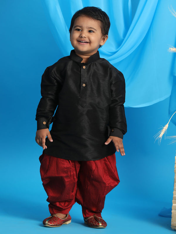 Sishu Boy's Black Kurta And Maroon Cowl Dhoti Set