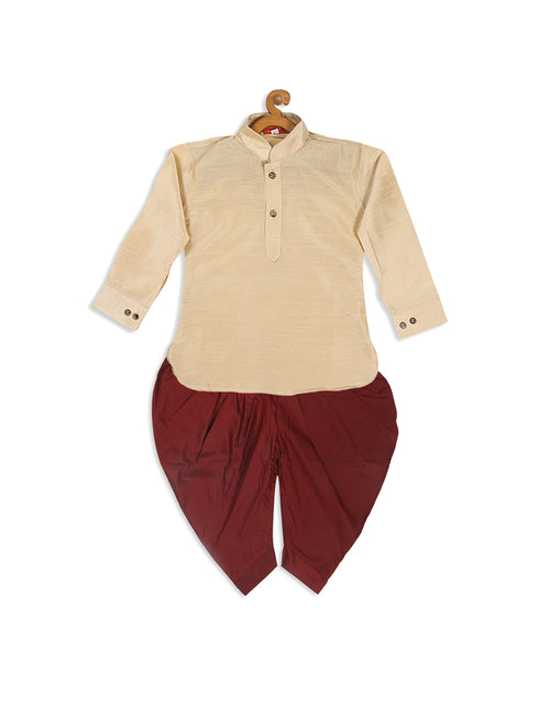 Sishu Boy's Gold Kurta And Maroon Cowl Dhoti Set