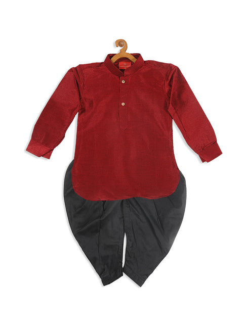 Sishu Boy's Maroon Kurta And Black Cowl Dhoti Set