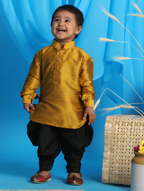 Sishu Boy's Mustard Kurta And Black Cowl Dhoti Set