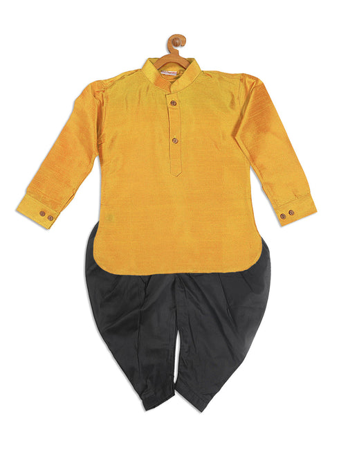 Sishu Boy's Mustard Kurta And Black Cowl Dhoti Set